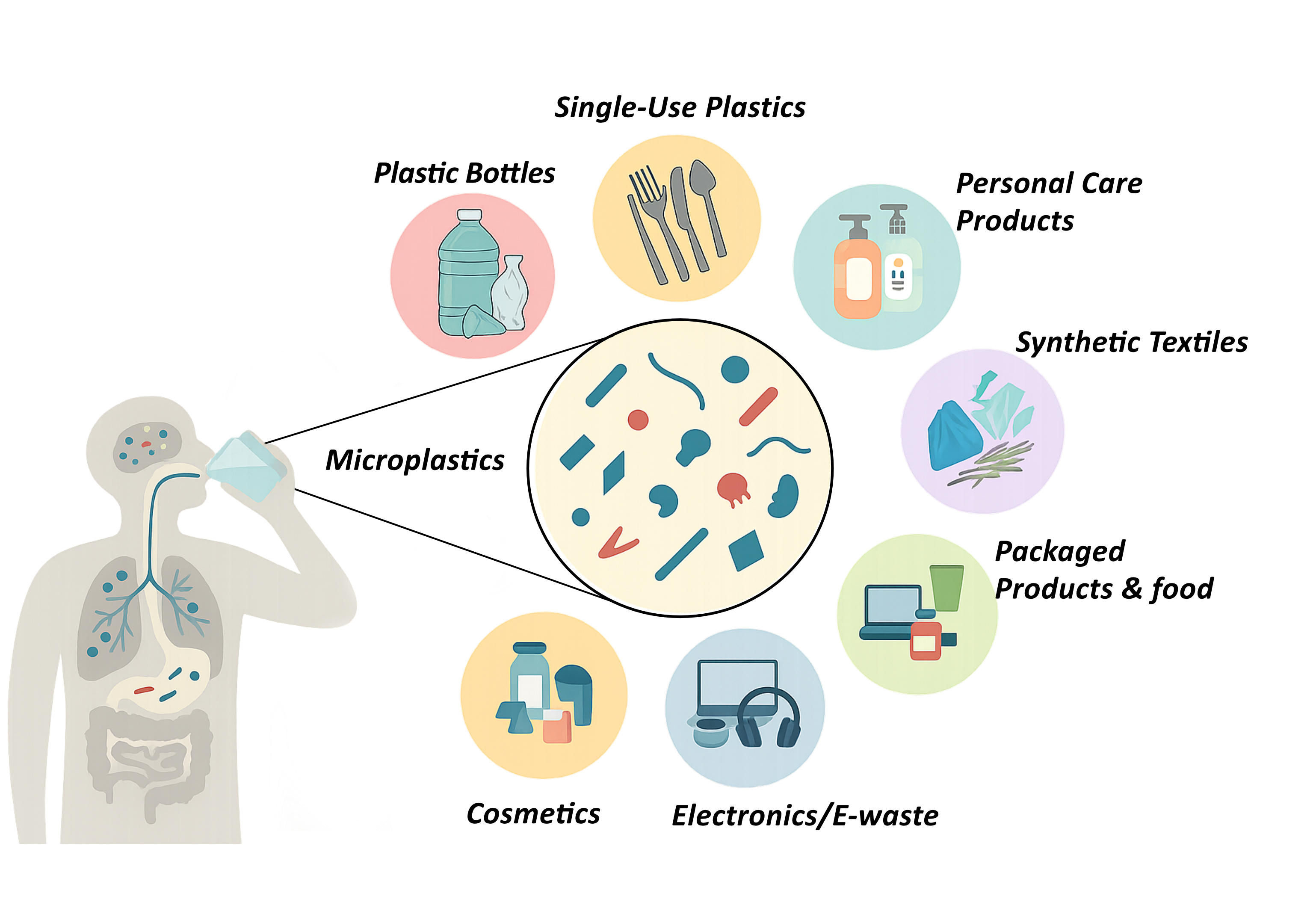 Illustration of a person drinking water with icons of common microplastic sources (bottles, cutlery, cosmetics, bags, electronics); central circle shows varied microplastic shapes moving through the environment into water supplies, highlighting potential public-health impacts.